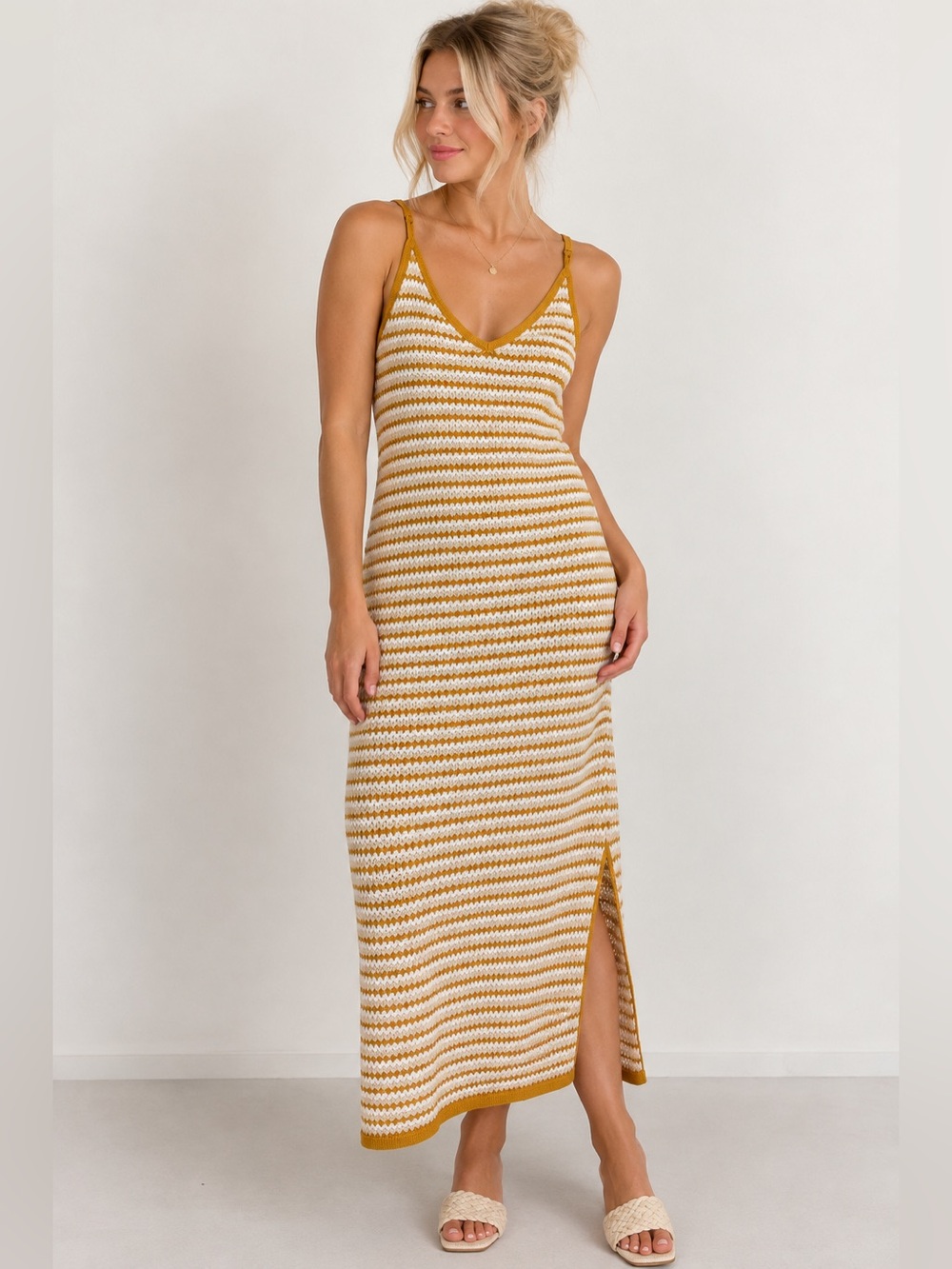 Ghanda Zag Striped Knit Crochet Maxi Dress Mustard and Cream XS